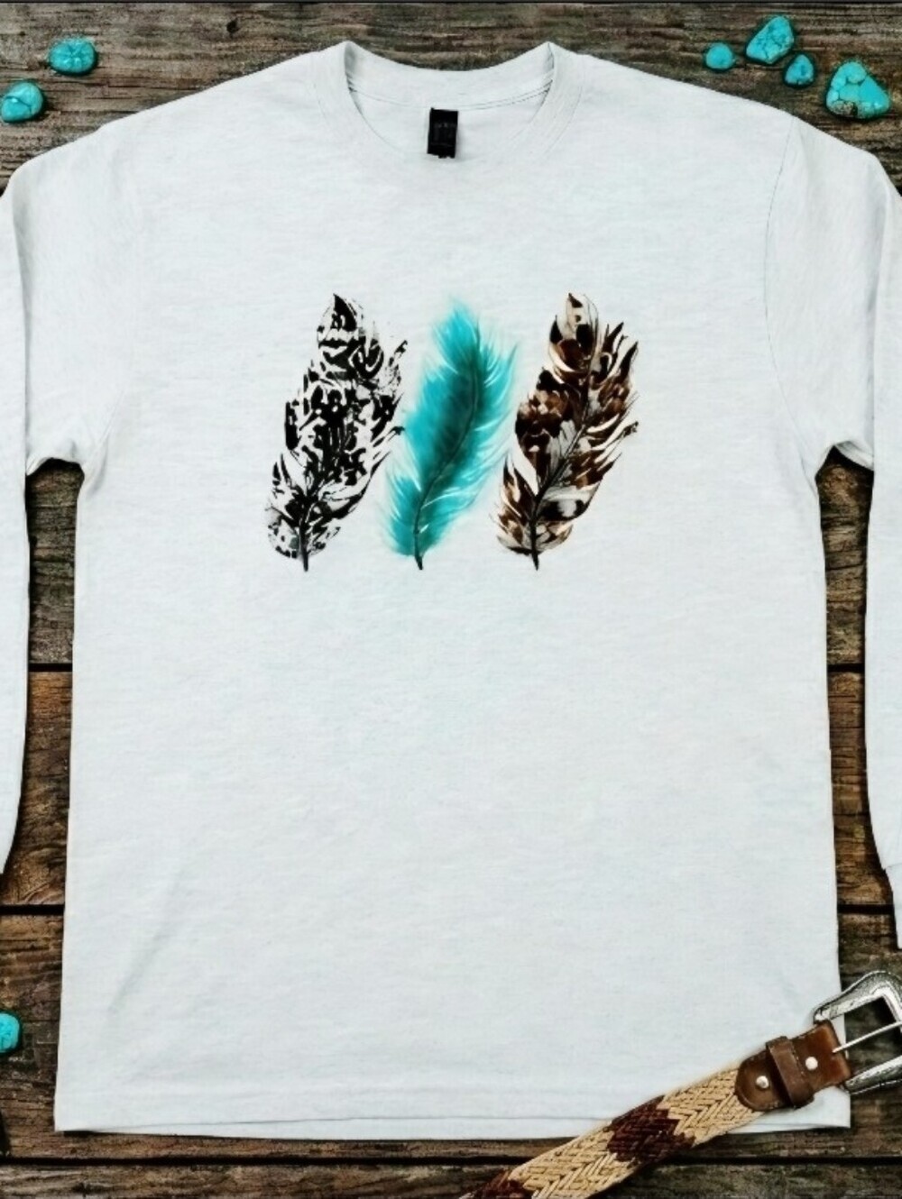 Three Feather Long Sleeve Tee • Boho Turquoise Feather Shirt • Western Nature